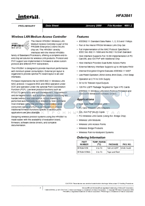 HFA3841CN96 datasheet - Wireless LAN Medium Access Controller