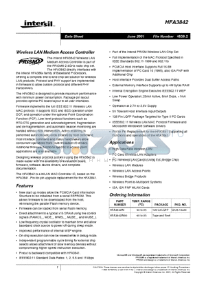 HFA3842 datasheet - Wireless LAN Medium Access Controller