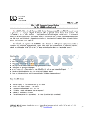 MB203LCD datasheet - 16 x 2 LCD Character Display Module for the MB203 module board