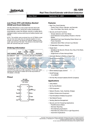 ISL1209IU10Z datasheet - Low Power RTC with Battery Backed SRAM and Event Detection