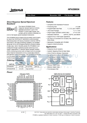 HFA3860A datasheet - Direct Sequence Spread Spectrum Baseband