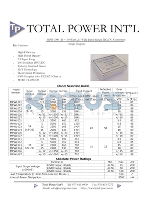 MPW1000 datasheet - MPW1000 25 - 30 Watts 2:1 Wide Input Range DC/DC Converters Single Outputs