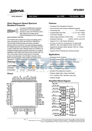 HFA3863IN datasheet - Direct Sequence Spread Spectrum Baseband Processor