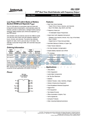 ISL1220IUZ-T datasheet - I2C^ Real Time Clock/Calendar with Frequency Output