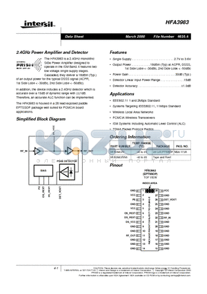 HFA3983 datasheet - 2.4GHz Power Amplifier and Detector