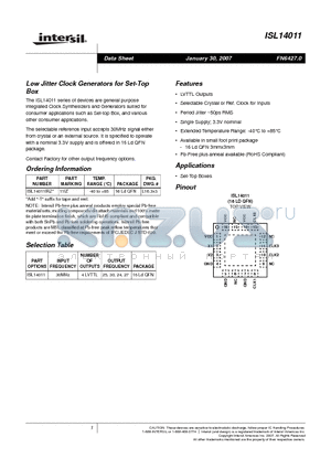 ISL14011 datasheet - Low Jitter Clock Generators for Set-Top Box