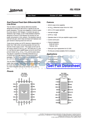ISL1532A datasheet - Dual Channel Fixed Gain Differential DSL Line Driver