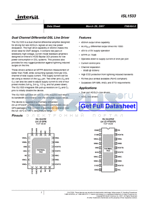 ISL1533 datasheet - Dual Channel Differential DSL Line Driver