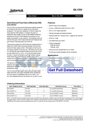 ISL1534IVEZ datasheet - Dual Channel Fixed Gain Differential DSL Line Driver