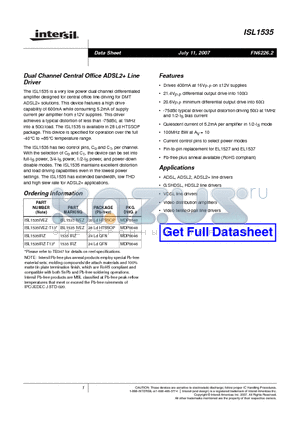 ISL1535IRZ datasheet - Dual Channel Central Office ADSL2 Line Driver