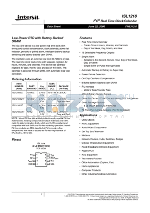ISL1218IBZ-T datasheet - Low Power RTC with Battery Backed SRAM