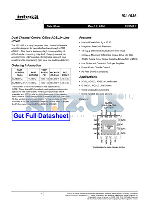 ISL1536IRZ datasheet - Dual Channel Central Office ADSL2 Line Driver