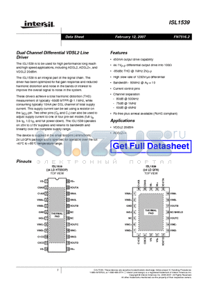 ISL1539_07 datasheet - Dual Channel Differential VDSL2 Line Driver