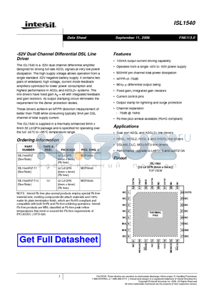 ISL1540 datasheet - -52V Dual Channel Differential DSL Line Driver