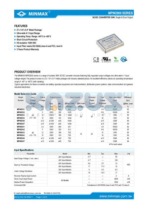 MPW2000 datasheet - 25-30W, Wide Input Range, Single & Dual Output DC/DC Converters