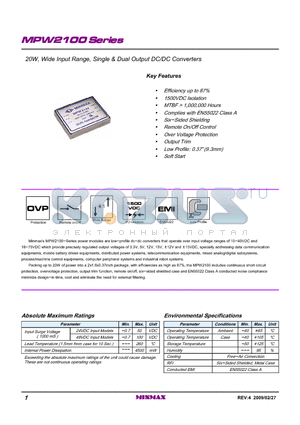 MPW2133 datasheet - 20W, Wide Input Range, Single & Dual Output DC/DC Converters
