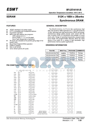 M12S16161A-6BIG datasheet - 512K x 16Bit x 2Banks Synchronous DRAM