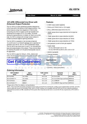 ISL1557A datasheet - 12V xDSL Differential Line Driver with Enhanced Output Protection