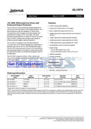 ISL1557AIUEZ-T7 datasheet - 12V xDSL Differential Line Driver with Enhanced Output Protection