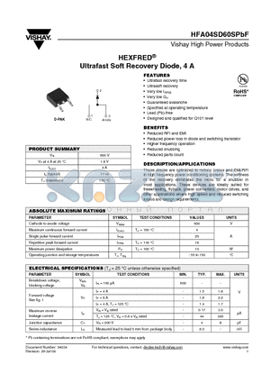 HFAA04SD60TRRPBF datasheet - Ultrafast Soft Recovery Diode, 4 A
