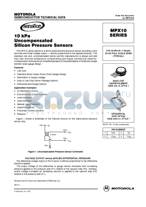 MPX10D datasheet - 0 to 10 kPa (0-1.45 psi) 35 mV FULL SCALE SPAN (TYPICAL)