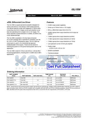 ISL1558IRZ datasheet - xDSL Differential Line Driver