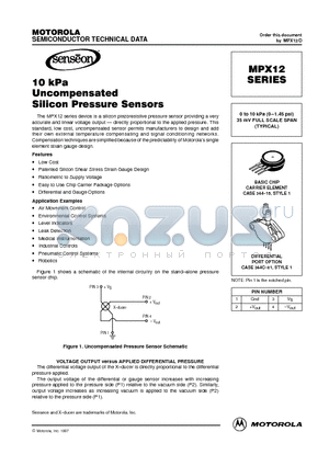 MPX12D datasheet - 0 to 10 kPa (0-1.45 psi) 35 mV FULL SCALE SPAN (TYPICAL)