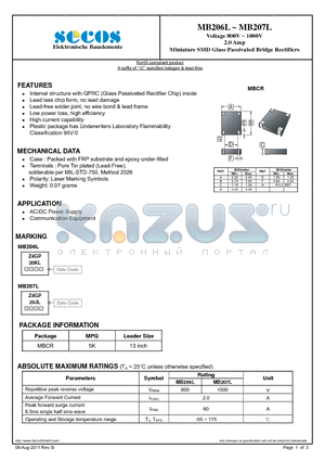 MB206L datasheet - Miniature SMD Glass Passivated Bridge Rectifiers