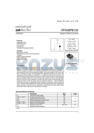 HFB08PB120 datasheet - Ultrafast, Soft Recovery Diode