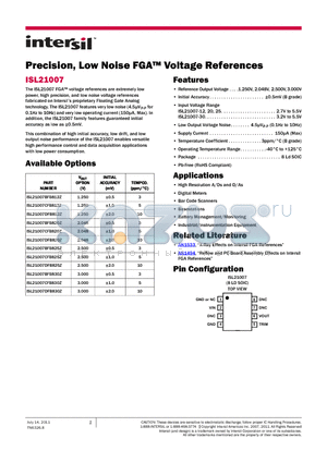 ISL21007 datasheet - Precision, Low Noise FGA Voltage References