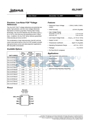 ISL21007CFB812Z datasheet - Precision, Low Noise FGAVoltage References
