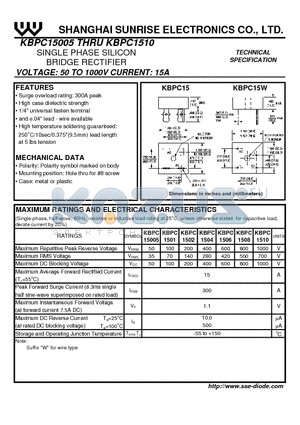 KBPC1508 datasheet - SINGLE PHASE SILICON BRIDGE RECTIFIER