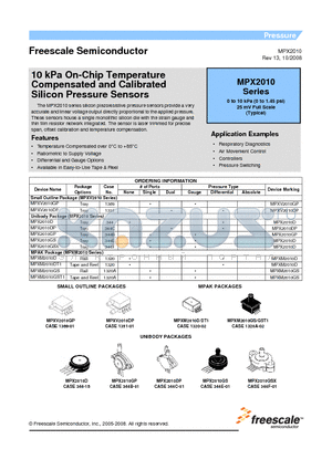 MPX2010 datasheet - 10 kPa On-Chip Temperature Compensated and Calibrated Silicon Pressure Sensors