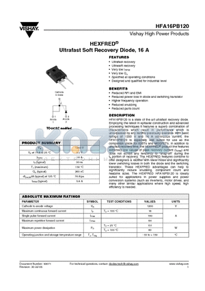 HFB16PB120 datasheet - Ultrafast Soft Recovery Diode, 16 A