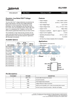ISL21009BFB825Z datasheet - Precision, Low Noise FGA Voltage References