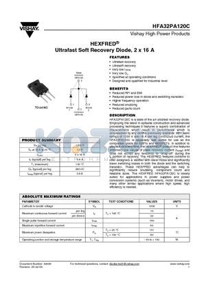 HFB32PA120CPBF datasheet - Ultrafast Soft Recovery Diode, 2 x 16 A