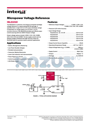 ISL21010 datasheet - Micropower Voltage Reference