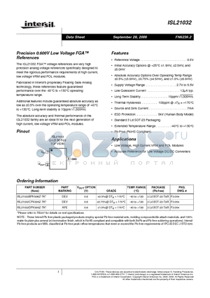 ISL21032 datasheet - Precision 0.600V Low Voltage FGA References