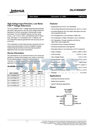 ISL21009MEP datasheet - High Voltage Input Precision, Low Noise FGA Voltage References