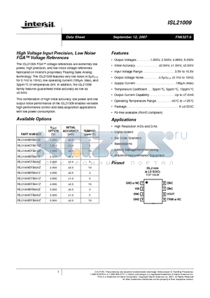 ISL21009_0709 datasheet - High Voltage Input Precision, Low Noise FGA Voltage References