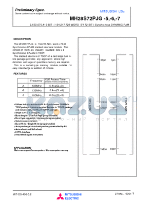 MH28S72PJG-5 datasheet - 9,663,676,416-BIT ( 134,217,728-WORD BY 72-BIT ) Synchronous DYNAMIC RAM