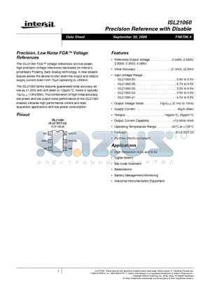 ISL21060 datasheet - Precision, Low Noise FGA Voltage References