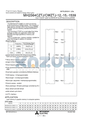 MH2S64CWZTJ-15 datasheet - 134217728-BIT (2097152-WORD BY 64-BIT)SynchronousDRAM