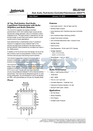 ISL22102 datasheet - 32 Tap, Push-button, Dual Audio Logarithmic Potentiometer with Buffer Amplifiers and Audio Detection