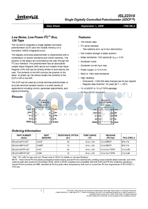 ISL22316 datasheet - Single Digitally Controlled Potentiometer XDCP