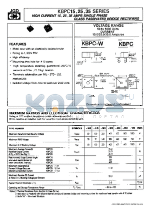 KBPC2500G datasheet - HIGH CURRENT 15,25,35 AMPS SINGLE PHASE GLASS PASSIVATED BRIDGE RECTIFIERS