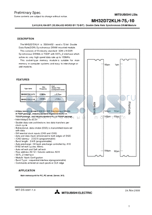 MH32D72KLH-10 datasheet - 2,415,919,104-BIT (33,554,432-WORD BY 72-BIT) Double Data Rate Synchronous DRAM Module