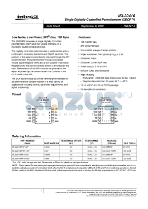 ISL22416 datasheet - Single Digitally Controlled Potentiometer XDCP