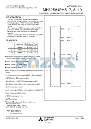 MH32S64PHB-7 datasheet - 214683648-BIT (3354432- WORD BY 64-BIT)SynchronousDRAM