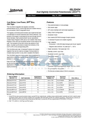 ISL22424 datasheet - Dual Digitally Controlled Potentiometer (XDCP)